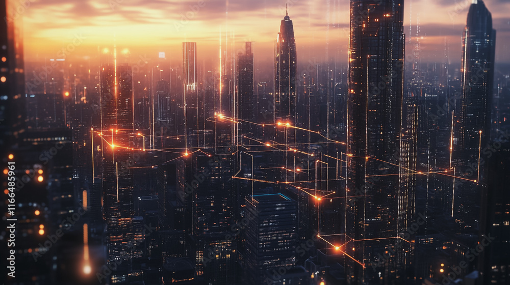 Fototapeta premium Smart Innovation city with connection cyber security network reciprocity over the sunset cityscape future wireless digital city and social media networking systems that connects people in the city