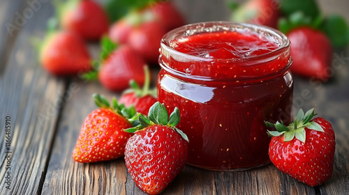 homemade strawberry jam in glass jar on rustic wooden background showcasing red fruit preserves and fresh strawberries for culinary photography and gourmet summer dessert ideas