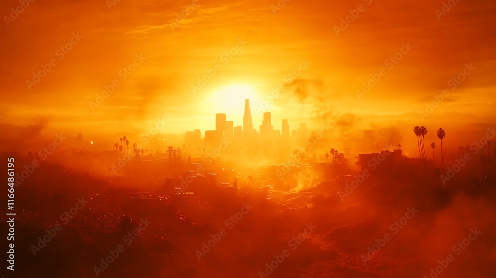 Fototapeta premium Sunset over hazy city skyline