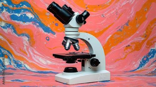 A close-up view of a laboratory microscope against a vibrant background, showcasing high-definition detail. 