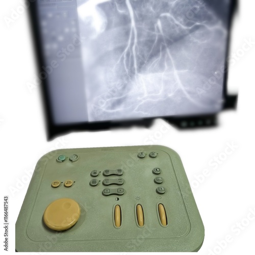 C arm cathlab machine monitor and control panel or control board on a white background. photo