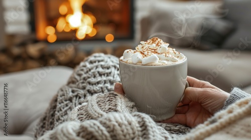 Cozy winter scene person relaxing by fireplace with warm drink.