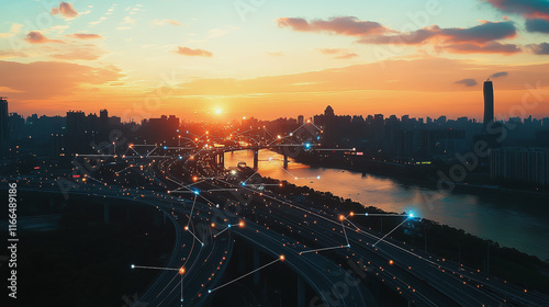 Smart Innovation city with connection cyber security network reciprocity over the sunset cityscape future wireless digital city and social media networking systems that connects people  in the city