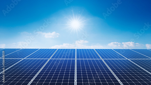 Photovoltaic solar power panel on blue sky ,green clean alternative energy. environmentally friendly. Clean energy and environment. 3D rendering