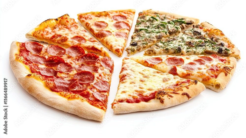 Assorted pizza slices on a white background s Assorted pizza slices on a white background s