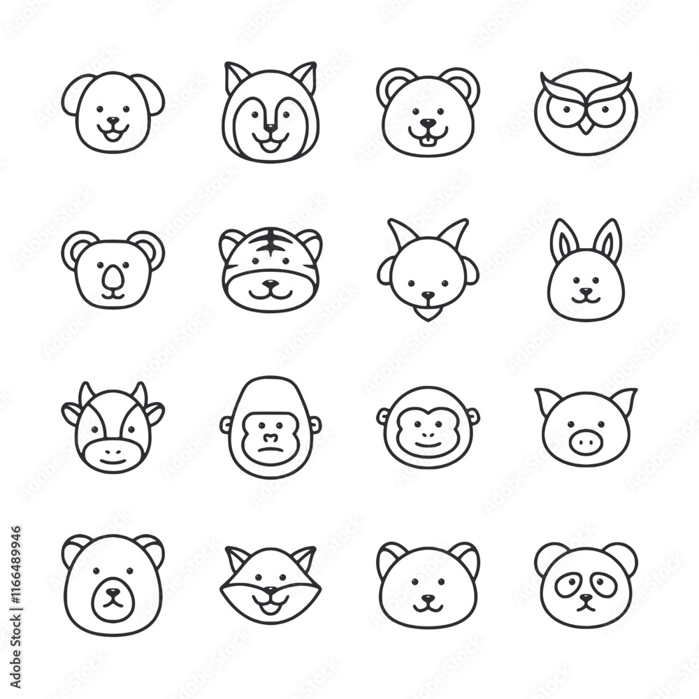 A collection of animal faces in black and white A collection of animal faces in black and white