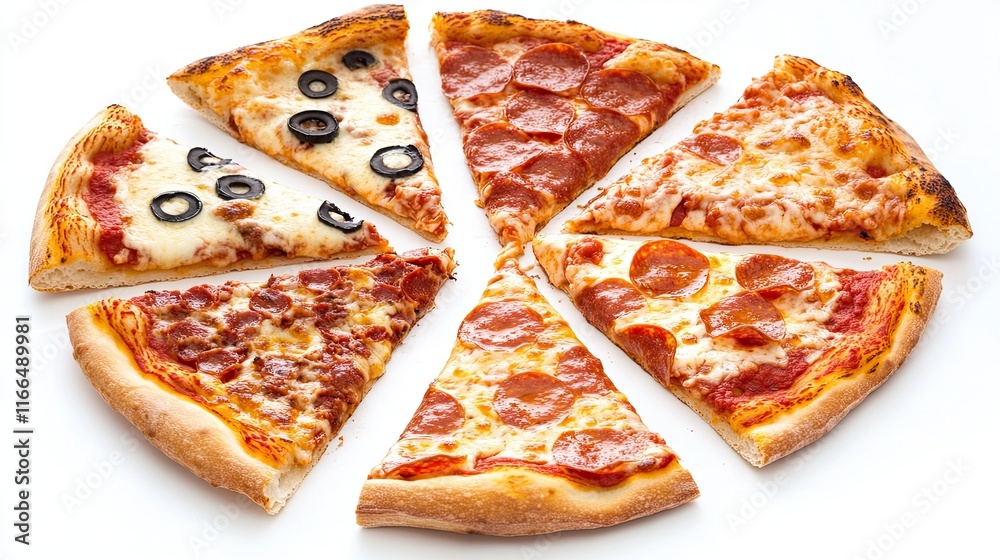 Assorted pizza slices on a white background s Assorted pizza slices on a white background s