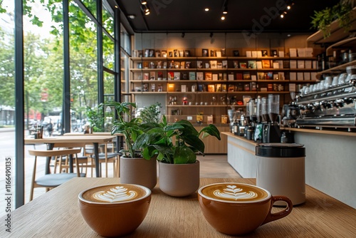 Two lattes, bookstore cafe, city view