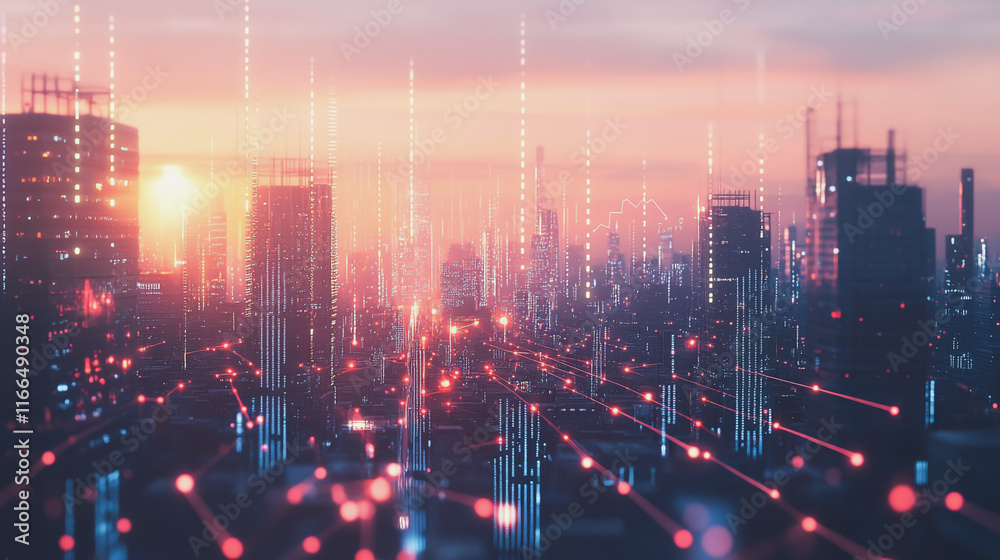 Fototapeta premium Smart Innovation city with connection cyber security network reciprocity over the sunset cityscape future wireless digital city and social media networking systems that connects people in the city