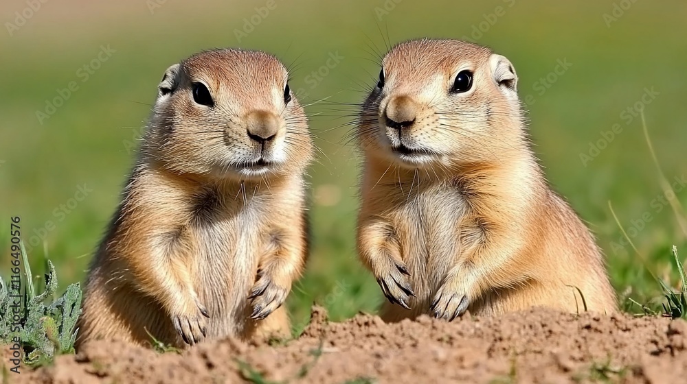 Fototapeta premium Two prairie dogs chatting, grassland background, wildlife photo, nature
