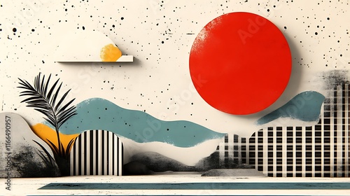 Abstract Geometric Wall Art Featuring Red Circle And Palm Leaf