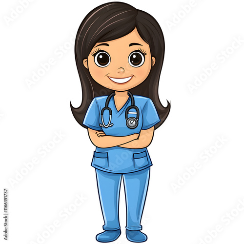 cheerful cartoon nurse wearing scrubs and stethoscope, smiling confidently. This illustration captures essence of healthcare and compassion in playful style