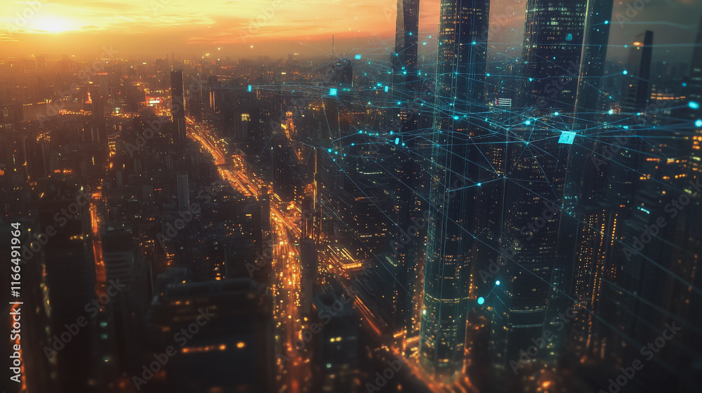 Fototapeta premium Smart Innovation city with connection cyber security network reciprocity over the sunset cityscape future wireless digital city and social media networking systems that connects people in the city