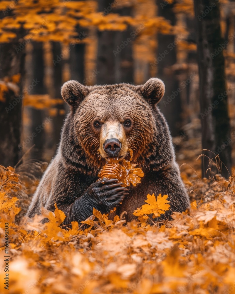 A bear sitting among autumn leaves, holding a cone, surrounded by a forest. A bear sitting among autumn leaves, holding a cone, surrounded by a forest.