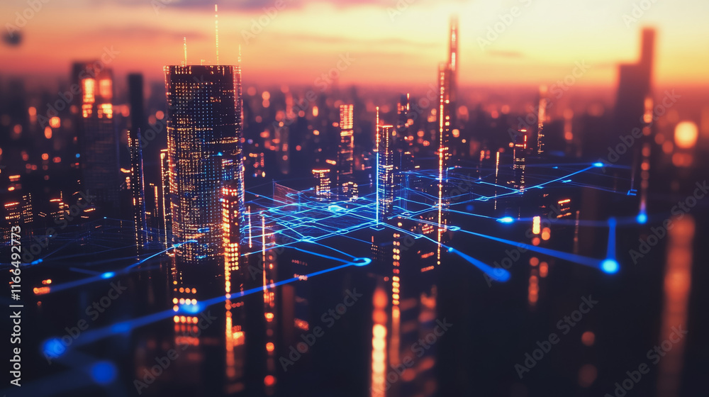 Fototapeta premium Smart Innovation city with connection cyber security network reciprocity over the sunset cityscape future wireless digital city and social media networking systems that connects people in the city