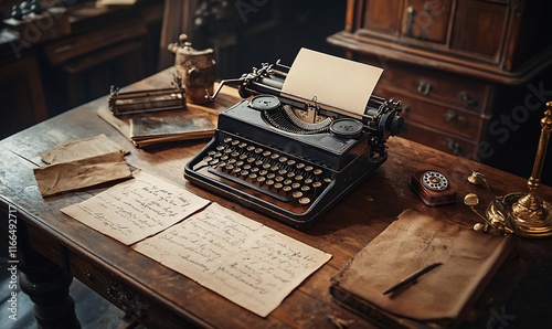 Vintage typewriter on antique desk, writing, study, old paper, dark room