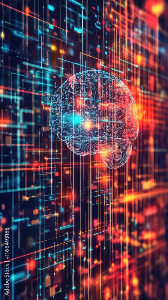 Fototapeta premium Abstract representation of a brain amidst digital data streams, symbolizing technology and intelligence.