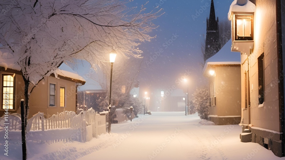 Obraz premium street at night in snowfall Winter wonderland with snowfall and lights, creating a inviting scene that evokes the joy and charm of the holiday season.