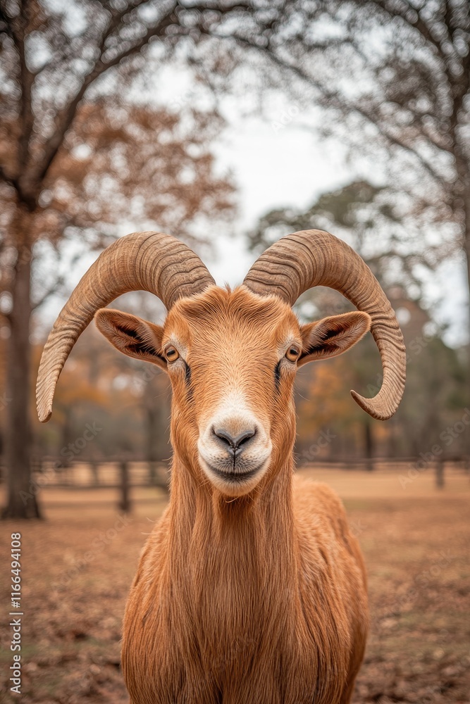 A close-up of a smiling goat with large horns in a natural outdoor setting. A close-up of a smiling goat with large horns in a natural outdoor setting.