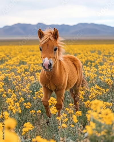 A small horse stands in a vibrant field of yellow flowers against a mountainous backdrop.