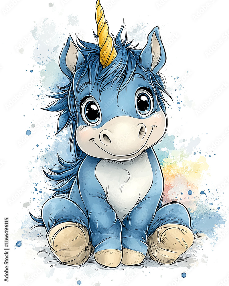 Obraz premium A blue unicorn with a blue horn is sitting on a white background