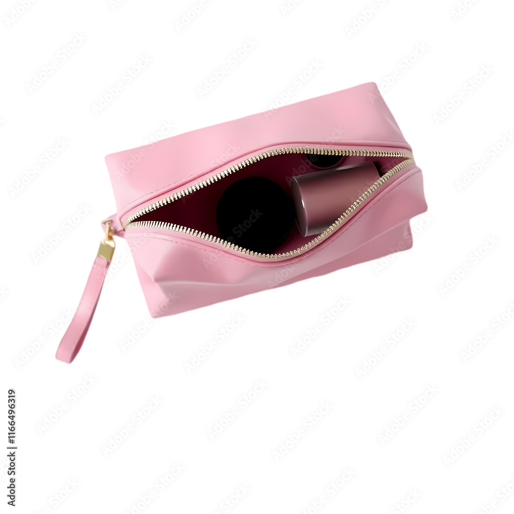 Pink makeup bag with cosmetics and phone, ready for travel on transparent background Pink makeup bag with cosmetics and phone, ready for travel on transparent background