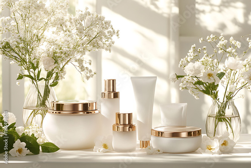 Three white luxury skincare bottles with golden caps, placed on a gold tray, with a gold vase in the background. The flowers' shadow is visible on the wall, with soft lighting and a white and gold photo