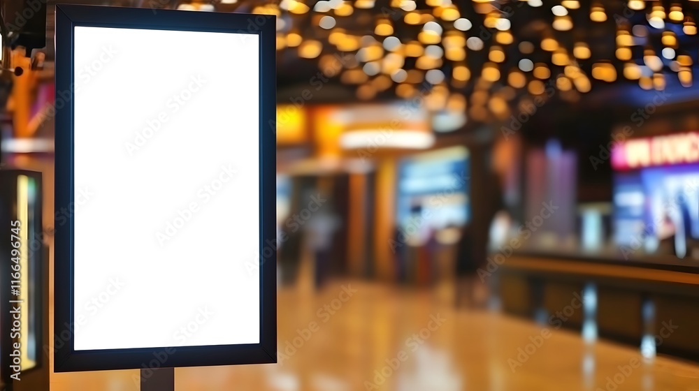 Blank showcase billboard or advertising light box for your text message or media content with blurred image of ticket sales counter at movie theater, advertisement, marketing, entertainment concept Blank showcase billboard or advertising light box for your text message or media content with blurred image of ticket sales counter at movie theater, advertisement, marketing, entertainment concept