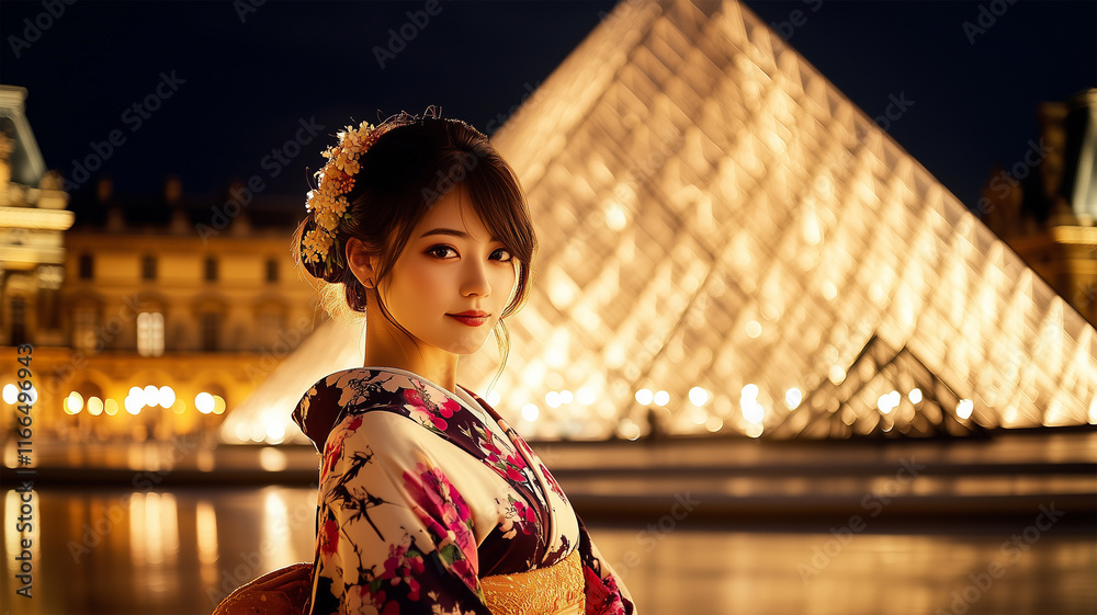 Fototapeta premium ルーブル美術館のライトアップと着物姿の女性が織りなす夜の美