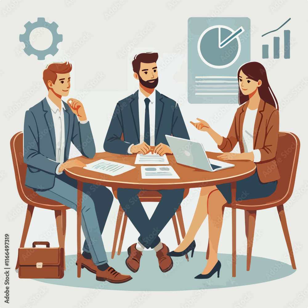 Partners meeting for business discussion with documents and laptop on desk. Couple at round table, speaking, discussing work, partnership. Flat vector illustration isolated on white background Partners meeting for business discussion with documents and laptop on desk. Couple at round table, speaking, discussing work, partnership. Flat vector illustration isolated on white background