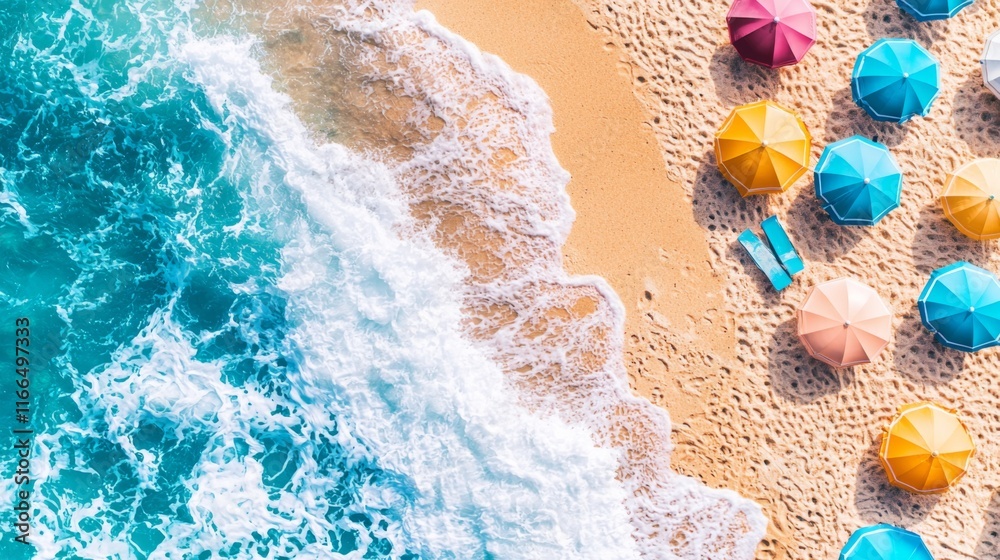 Fototapeta premium Summer Beach Scene Turquoise Waves Colorful Umbrellas Sandy Shore