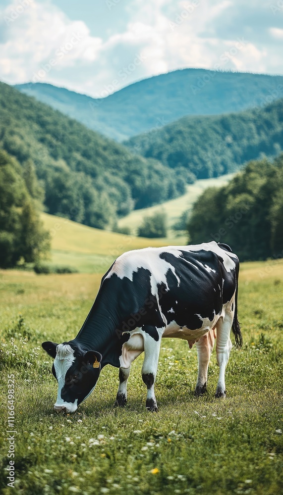 A grazing cow in a lush green landscape with rolling hills in the background. A grazing cow in a lush green landscape with rolling hills in the background.