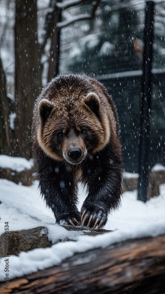 A bear walking through snow, showcasing its fur and natural habitat in a winter setting. A bear walking through snow, showcasing its fur and natural habitat in a winter setting.