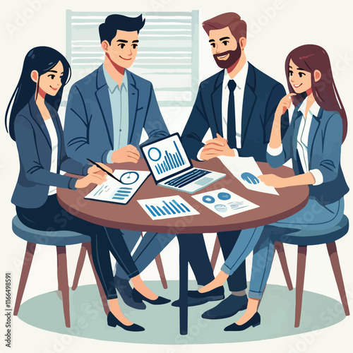 Partners meeting for business discussion with documents and laptop on desk. Couple at round table, speaking, discussing work, partnership. Flat vector illustration isolated on white background