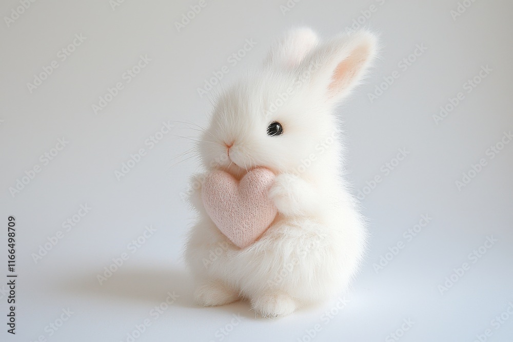 A fluffy white bunny holds a pink heart, exuding charm and sweetness, perfect for expressing love and affection. A fluffy white bunny holds a pink heart, exuding charm and sweetness, perfect for expressing love and affection.