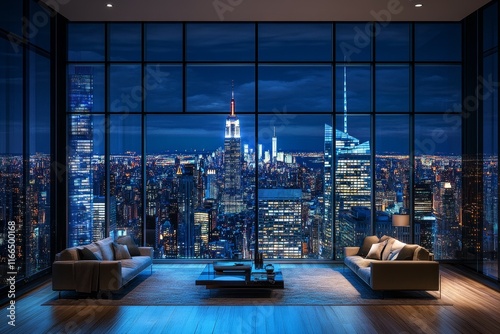 Night cityscape view from luxury penthouse living room.