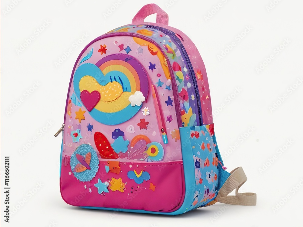 Bright children's backpack with colourful patterns and prints for girls, isolated Bright children's backpack with colourful patterns and prints for girls, isolated