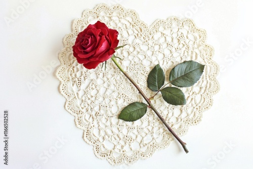 A beautiful red rose rests on a delicate lace heart, symbolizing love and romance with a touch of elegance.