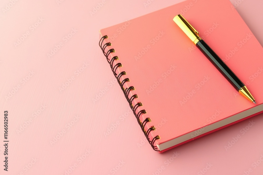 A pink spiral notebook with a black pen rests on a soft pink background. A pink spiral notebook with a black pen rests on a soft pink background.