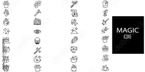 Magic icons set of 32 outline web Fortune hat, genie, rabbit and bottle of potion, mystery objects, alchemy and esoteric book. Witch broom and cauldron, crystal and tarot cards. Vector illustration.