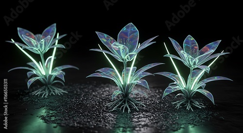 Glowing Bio Luminescent Plants Futuristic Flowers Dark Background Sci fi Flora