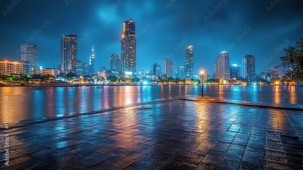 Naklejka premium Stunning Bangkok Urban Skyline Night View with Reflections