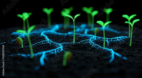 Glowing Plant Seedlings in Dark Soil Agriculture Technology Concept