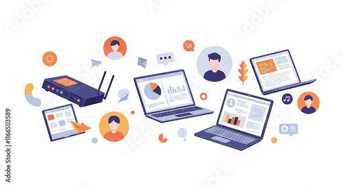 Global Network Connectivity Wireless Router Laptops and Online Collaboration