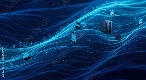 Global Network Data Flow Servers Laptops Tablets Digital Technology Internet