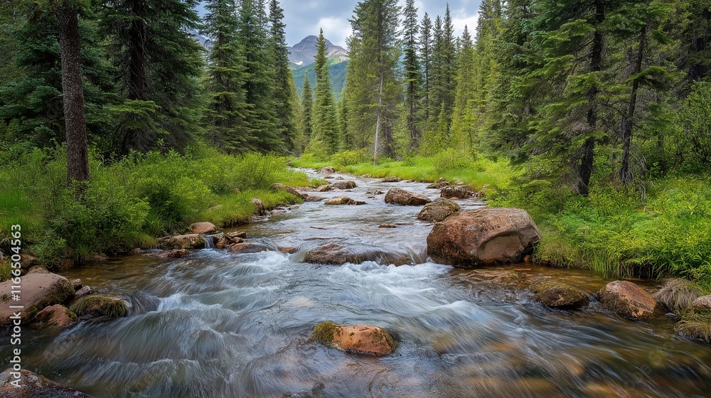 A stream of water flows through a forest with trees on both sides A stream of water flows through a forest with trees on both sides