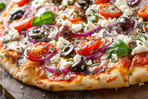 Traditional Greek pizza with feta cheese, Kalamata olives, oregano, and cherry tomatoes photo