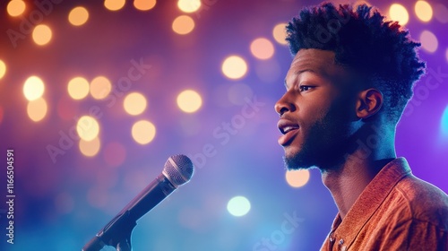 Young Singer on Stage: Captivating performance. A young Black man passionately sings into a microphone, bathed in the warm glow of stage lights.