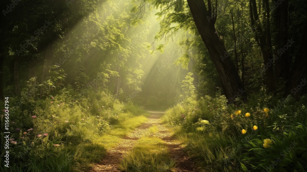 A path through a forest with sunlight shining through the trees A path through a forest with sunlight shining through the trees