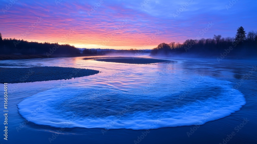 A serene river at dawn with mist and vibrant colors reflecting on the water's surface. A serene river at dawn with mist and vibrant colors reflecting on the water's surface.